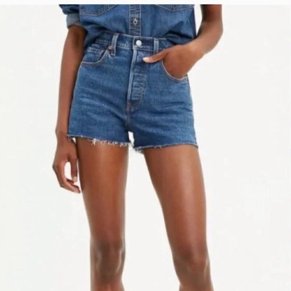 LEVI'S Ribcage High Rise Cutoff Denim Shorts Size 29 Distressed Raw Hem Blue